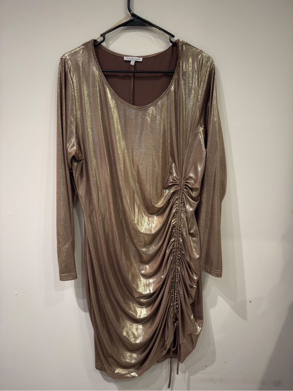 Charlotte Russe Metallic Gold Ruched Long-Sleeve Dress